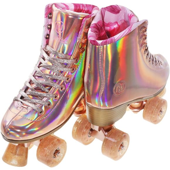Women Rose Gold 2 Holographic High Top Pu Leather Four Wheels Roller Skates - Picture 7 of 7